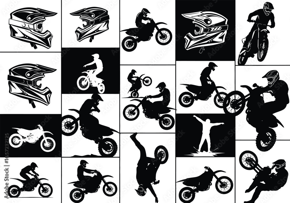 Obraz premium Dynamic collage of motocross riders and helmets showcasing extreme sports and action in black and white silhouettes