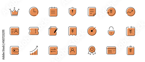 A collection of orange and black line art icons with a business and finance theme, including a crown, clock, document, and shield.