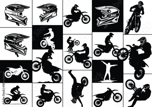 Dynamic collage of motocross riders and helmets showcasing extreme sports and action in black and white silhouettes