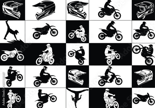 Dynamic motorcycle motocross rider performing stunts and tricks with helmets in a checkerboard pattern