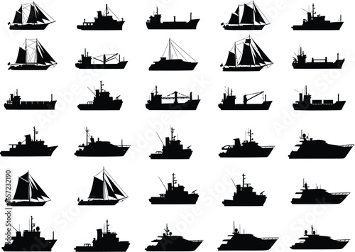 Collection of silhouetted marine vessels including sailboats cargo ships and fishing boats on a white background