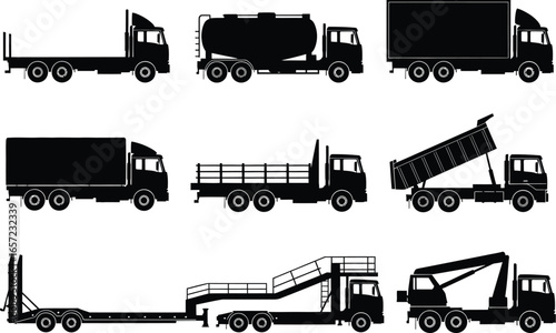 Collection of diverse truck silhouettes including semi trucks box trucks tanker trucks dump trucks and flatbed trucks