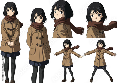 Anime girl character design sheet featuring a young woman in a warm winter coat and scarf with multiple poses and expressions