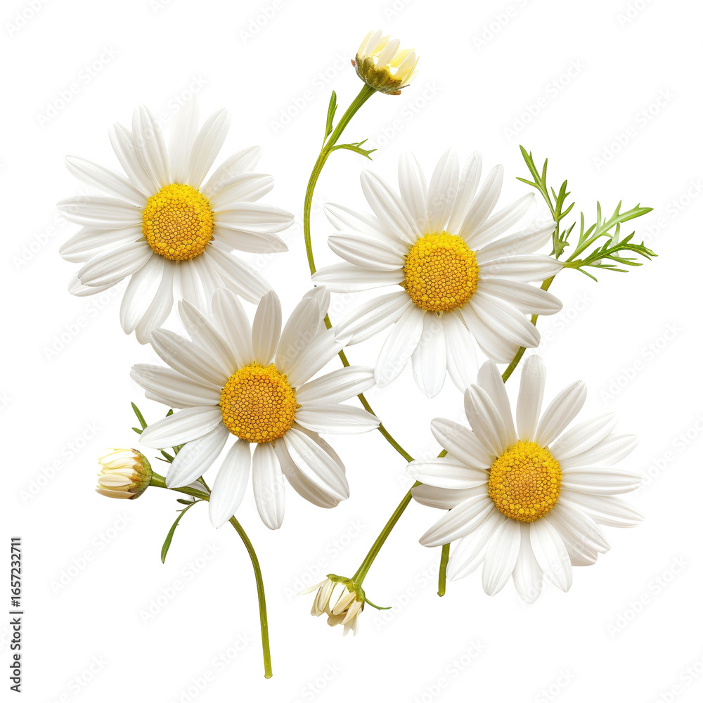Fototapeta premium Bouquet of white daisies with yellow centers, isolated on black