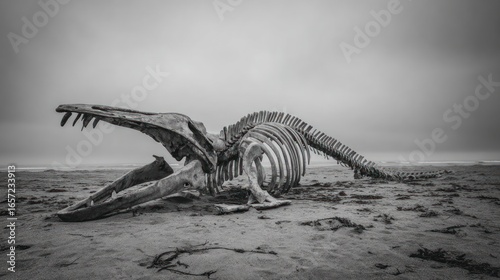 Skeletal remains of a sea creature sit exposed on a sandy beach under a cloudy sky