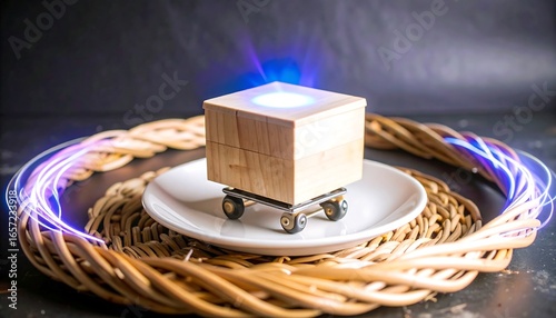 A light-emitting wooden box sits atop miniature wheels on a white plate, encircled by a wicker placemat, with ethereal glowing lines around it.