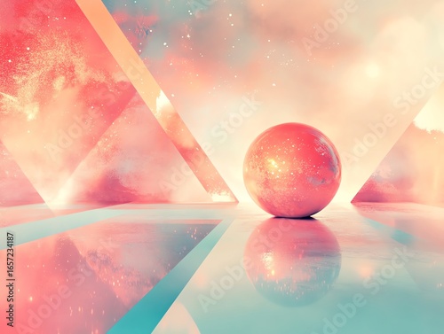 Abstract Pink Galaxy Sphere in Futuristic Geometric Environment with Soft Lighting