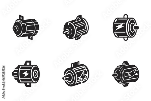 Electric motor vector illustration set showing various designs and styles for different applications in a monochrome arrangement on white