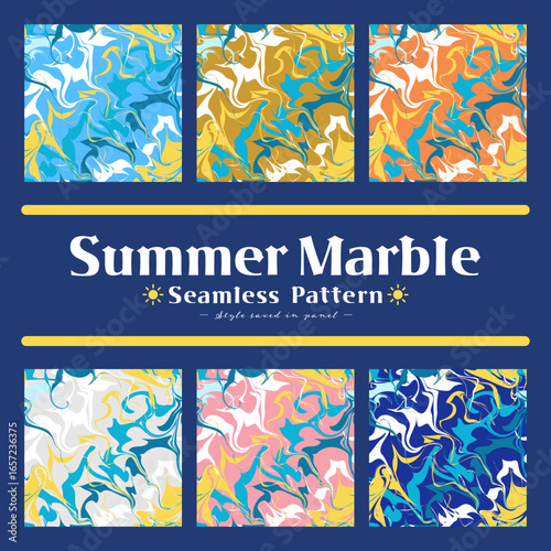 Summer Marble Seamless Pattern Set - Tropical Zigzag Wave Vector Illustration Background in Yellow, Blue, and White, Inspired by Sound and Music Beats