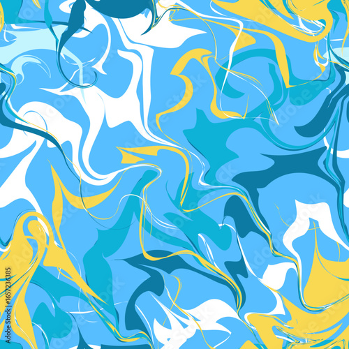 Summer Marble Seamless Pattern - Tropical Zigzag Wave Vector Illustration Background in Yellow, Blue, and White, Inspired by Sound and Music Beats