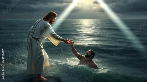 Jesus Saving Man from Drowning in Ocean