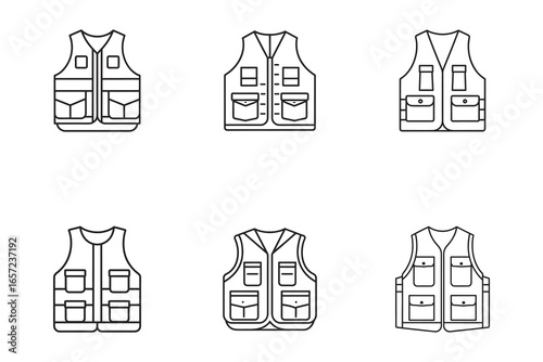 Fishing Vest Outlines Collection of Various Designs Professional and Recreational Use Gear Clothing and Fashion Icon Set Isolated on White Background