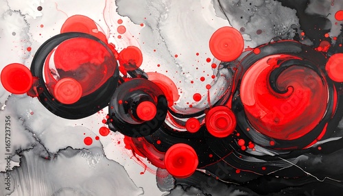 A dynamic abstract composition featuring swirling black and red circles on a gray backdrop.