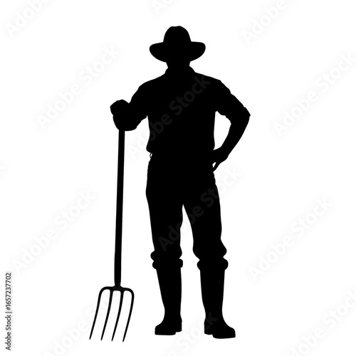 Farmer Silhouette Standing with Pitchfork Agriculture and rural lifestyle black and white high quality professional