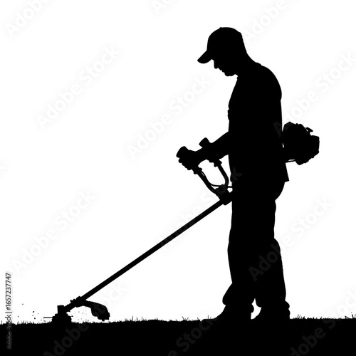 Man trimming grass silhouette using string trimmer outdoor work summer day high quality professional