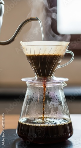 Pour-over coffee brewing process, a focused manual drip, representing an artisanal beverage with steam