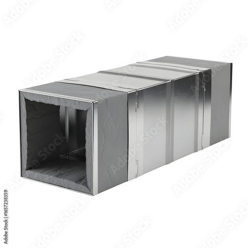 A rectangular metallic air duct with inner lining is positioned on white or transparent background