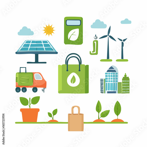 Eco-friendly lifestyle vector icons for sustainability, packaging design, and environmental campaigns.