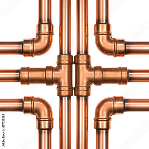 Copper pipes and fittings form a symmetrical grid on white or transparent background