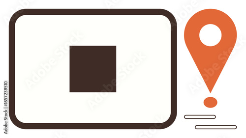 Abstract design featuring a square within a rectangle and a bold orange location pin emphasizing navigation, geolocation, travel, and tech themes. Ideal for marketing, mapping, digital tools, apps