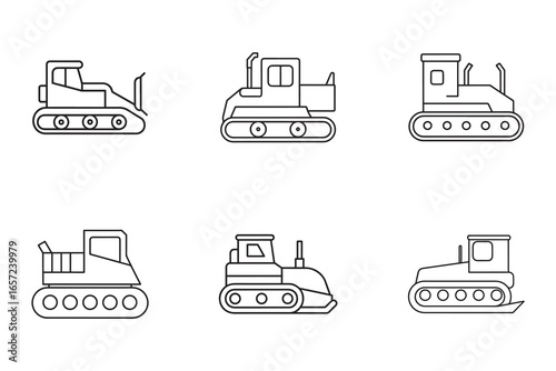 Set of bulldozer outline icons various models construction equipment vector illustration machinery for building and industry heavy machinery design