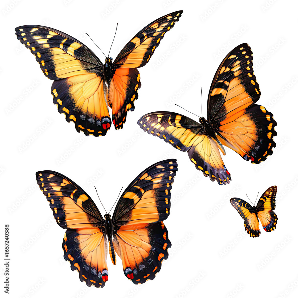 Obraz premium Four vibrant butterflies in flight, showcasing intricate orange and black patterns on their wings