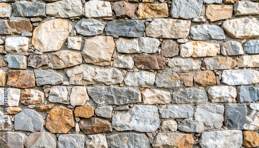 Fototapeta premium A detailed close-up view of a rustic stone wall, exhibiting a variety of shades of gray, beige, and brown.