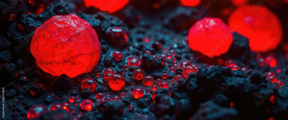 Fototapeta premium Vibrant glowing red droplets and amorphous shapes on dark textured surface creating abstract energy