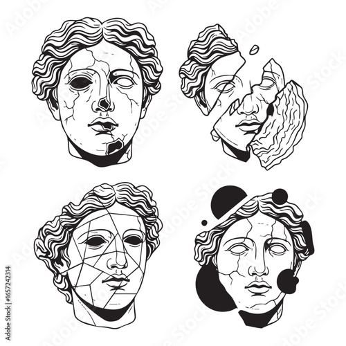 Vector art of four broken statue illustrations, each depicting a fragmented female bust with cracks, missing pieces, and geometric patterns