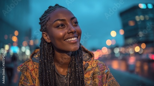 Fototapeta Naklejka Na Ścianę i Meble -  African woman with braids smiling in evening city lights
