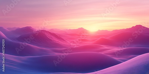 Colorful Sunset Over Vibrant Mountain Landscape with Pink and Purple Hues