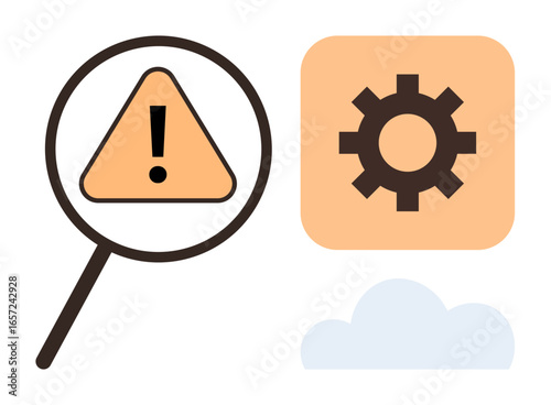 Magnifying glass revealing caution sign, gear for settings, and cloud element. Ideal for troubleshooting, alert systems, risk analysis, system optimization, error handling, data inspection and cloud