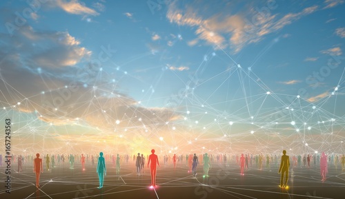 Crowd walking, connected by lines, sunrise