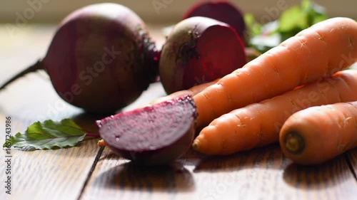 Vibrant carrots and beets rest on a rustic wooden surface, illuminated by natural light