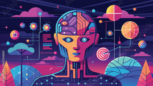 Vector art of abstract illustration of a robotic head with a complex brain structure, symbolizing artificial intelligence, technology, and the future of cybernetics, set against a vibrant, futuristic 