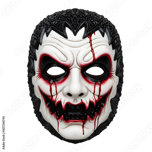 A scary mask with blood dripping down the face for halloween or costume parties on transparent background