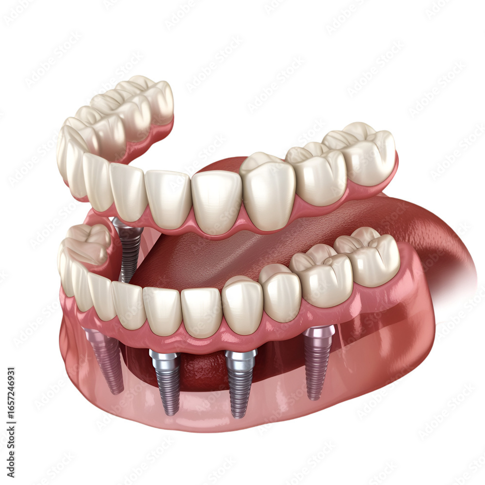 Fototapeta premium Dental Implants Supporting Dentures with Tongue on Black