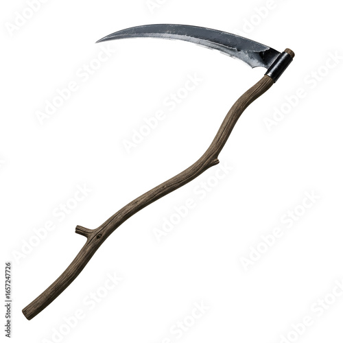 Scythe with a wooden handle for halloween decorations on transparent background