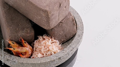 Traditional Indonesian Shrimp Paste Terasi on mortar stone