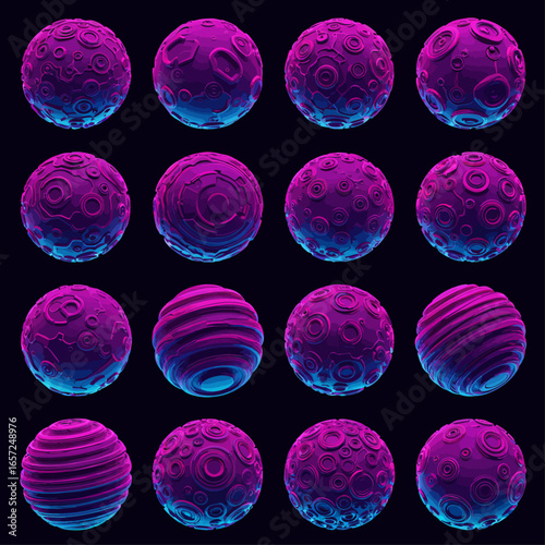 A collection of sixteen unique, textured spheres glowing with vibrant purple and blue neon light.