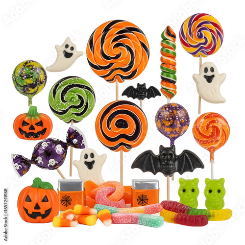 A colorful assortment of halloween candy including lollipops ghosts bats and pumpkin shapes on transparent background