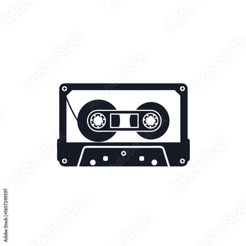 Silhouette of a vintage cassette tape with spools and holes.