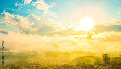 A breathtaking sunrise view over a landscape shrouded in golden mist, showcasing a vibrant sky filled with fluffy clouds.