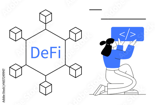 Blockchain network connected to DeFi text and developer working on code. Ideal for finance, technology, blockchain, development, innovation, coding, cryptocurrency. Perfect for a simple landing page