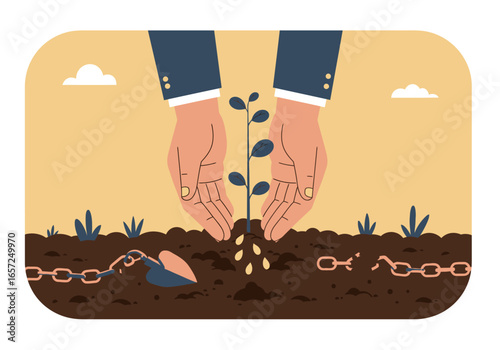 Concept of growth and new beginning, symbolized by planting a sapling, breaking chains and flourishing environment