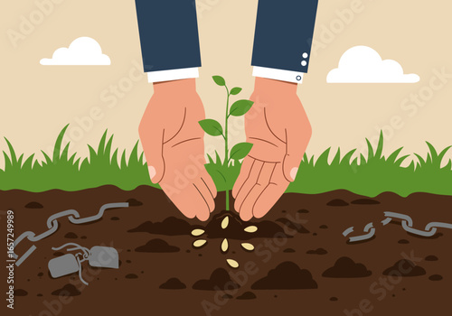 Hands gently nurturing a sprout, symbolizing growth, freedom, and a new beginning. A concept of progress after breaking chains, showing care and optimism.