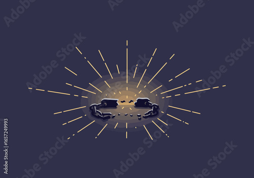 Breaking Chains Symbolizing Freedom and New Beginnings with Sunburst Rays emanating outwards from a broken circular link on a dark background.