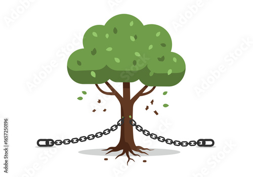 A powerful conceptual illustration of a tree bound by chains, symbolizing ecological crisis, deforestation, and the captivity of nature.