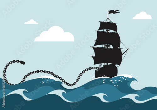 Sailing Ship Bound by Chain in Turbulent Waters A Nautical Illustration