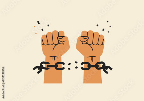 Powerful illustration of hands breaking free from oppressive chains, symbolizing liberation, human rights, and the triumph of freedom over adversity for a better future.